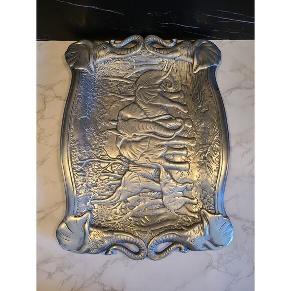 Arthur Court 1987 Aluminum Elephant Safari Serving Tray Platter Décor 18"x14" - Picture 7 of 11